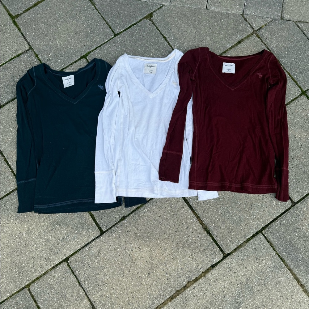 Abercrombie Set of Three V-Neck Long Sleeve Tops - Black, White, and Burgundy